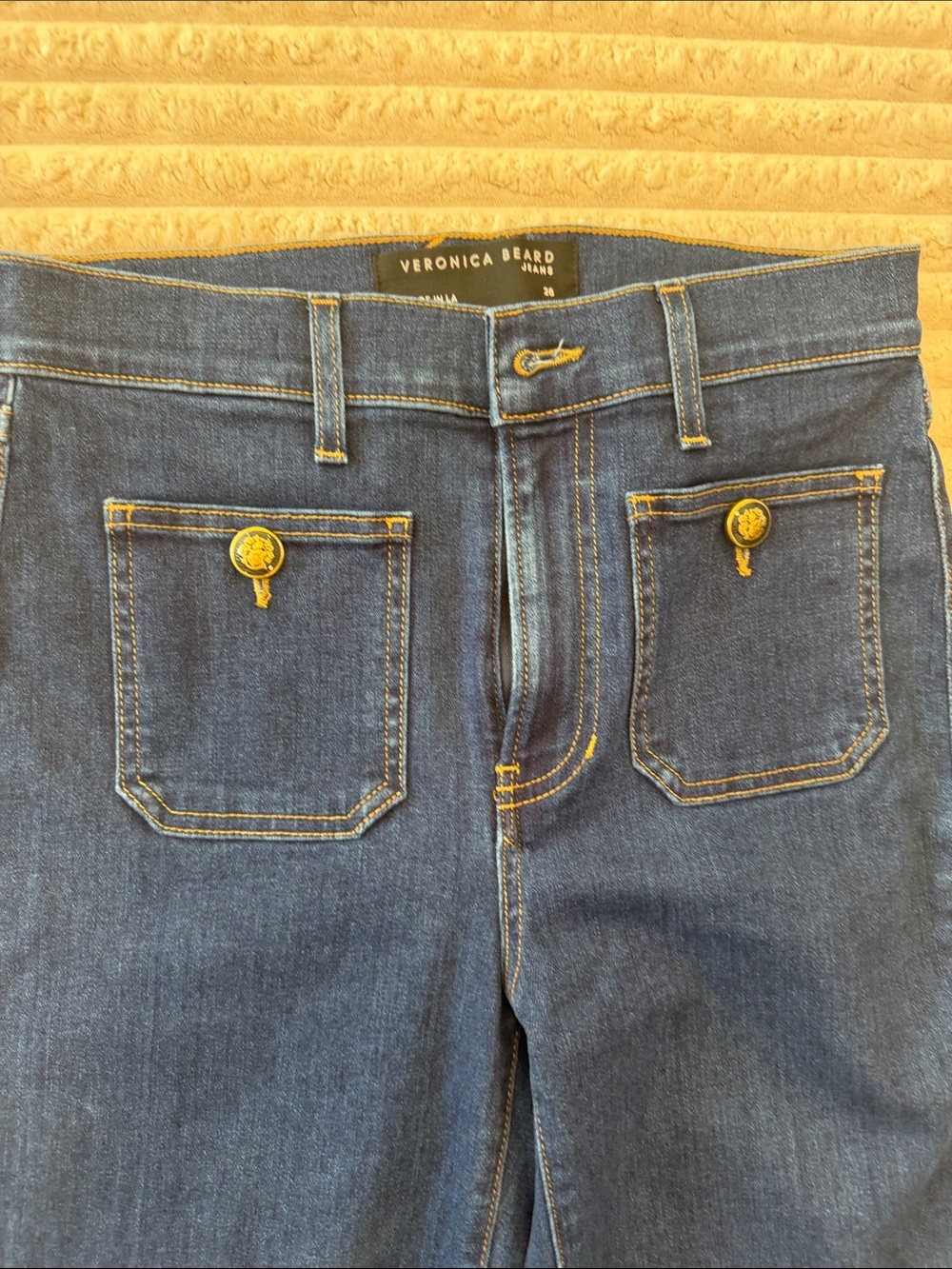 Veronica Beard Indigo Denim Jeans with Gold-Tone Buttons